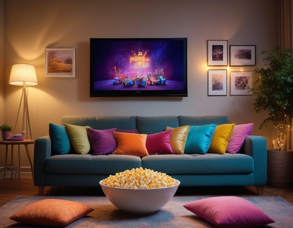 A cozy living room setting with a large screen showing a romantic comedy scene, soft dim lighting, a plush couch filled with colorful cushions, popcorn spilling out of a bowl, and twinkling fairy lights in the background. The atmosphere should feel warm and inviting, capturing the essence of love and laughter in cinema. super-realistic. vibrant colors. cozy ambiance.