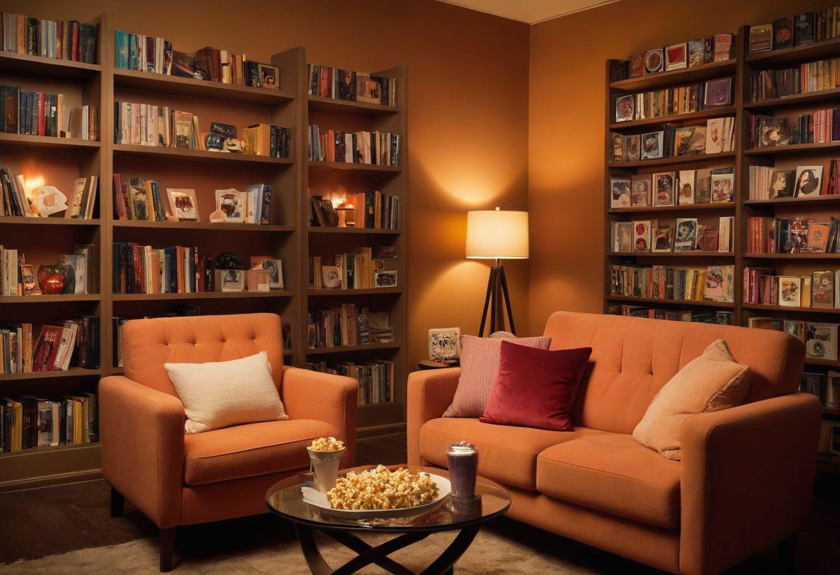 A cozy digital movie library filled with iconic and modern romantic film posters, showcasing a vintage film reel and a sleek digital tablet side by side. Soft warm lighting casts a glow over plush seating and surrounded by bookshelves filled with romance novels. A heart-shaped popcorn bowl adds a playful touch to the scene. super-realistic. warm colors. cozy ambiance.