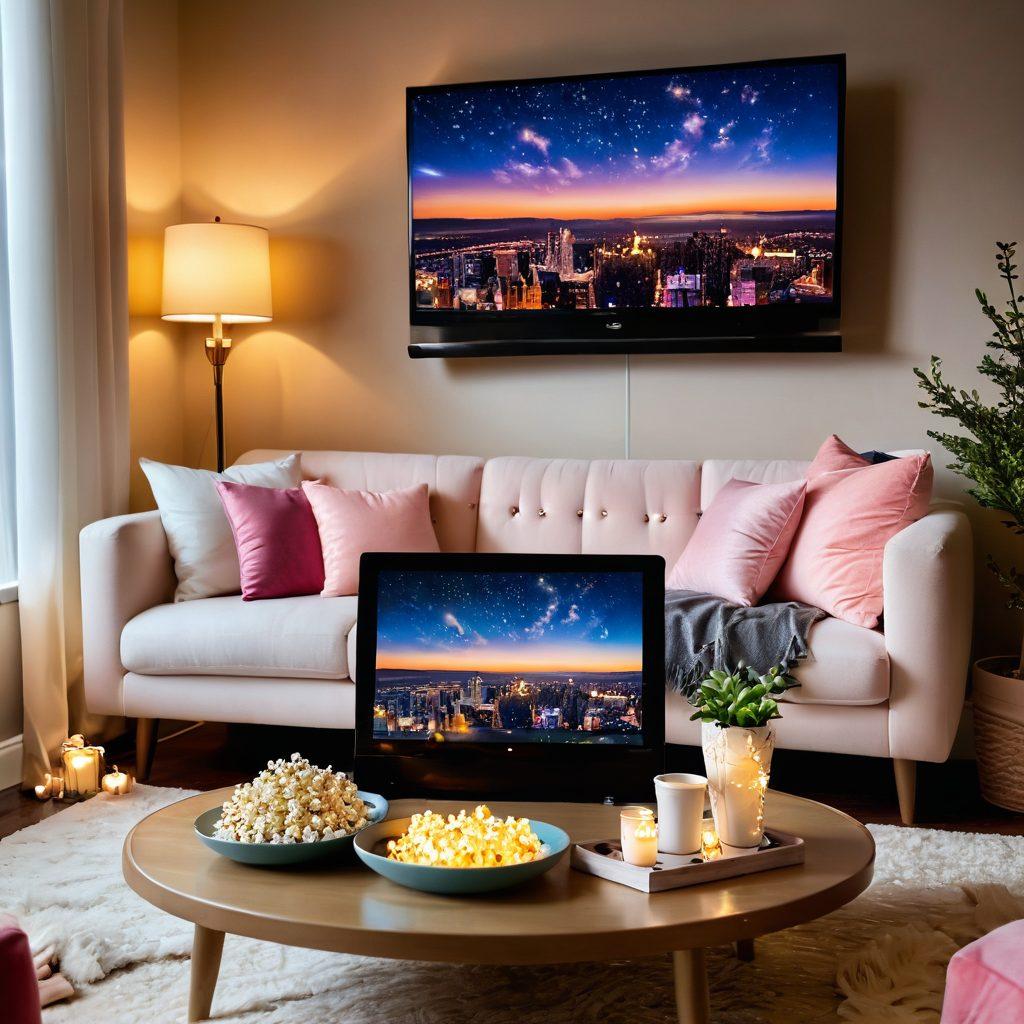 A whimsical scene featuring a cozy living room setup with a plush sofa, popcorn on a coffee table, and a large screen showing a romantic film with soft, glowing colors. Include elements like heart-shaped decorations floating in the air, twinkling fairy lights, and warm, inviting colors to evoke feelings of love. Create an atmosphere filled with magic and warmth. super-realistic. vibrant colors. cozy ambiance.